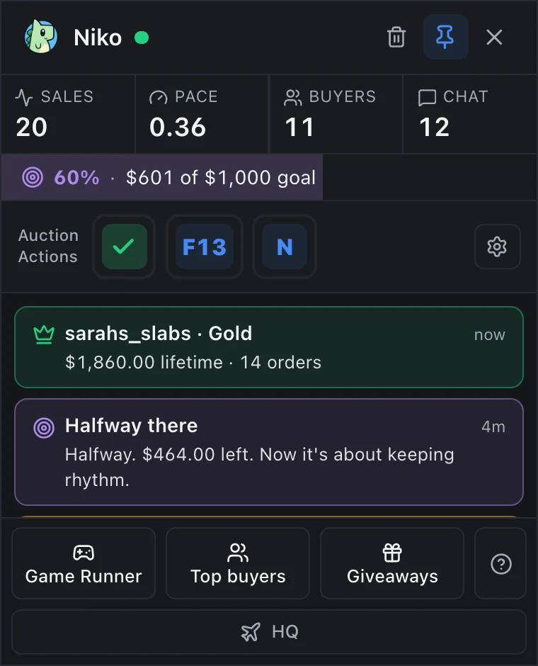 The Niko HUD with an Auction Actions strip: one action showing a green check after running, and two more armed on F13 and N