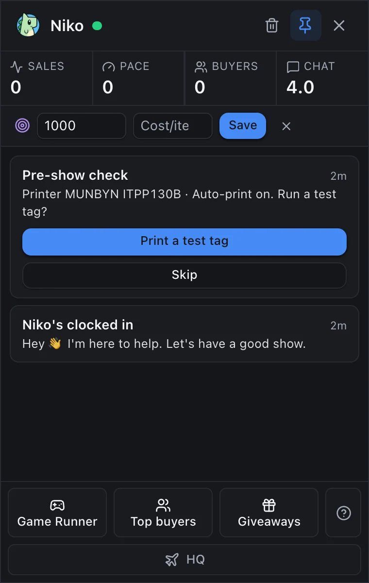 The Niko HUD before the first sale, with a $1,000 show goal typed into the goal row beside an optional cost per item field