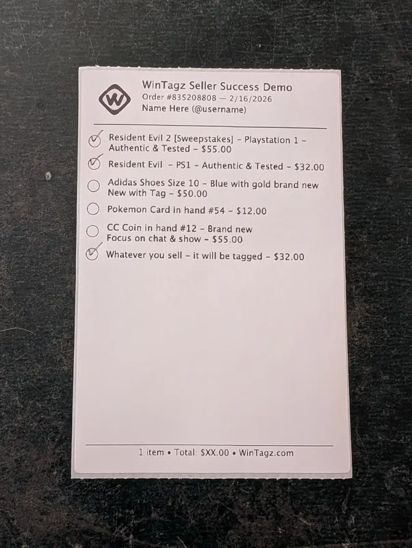 WinTagz condensed Whatnot packing slip with seller branding and checked-off items